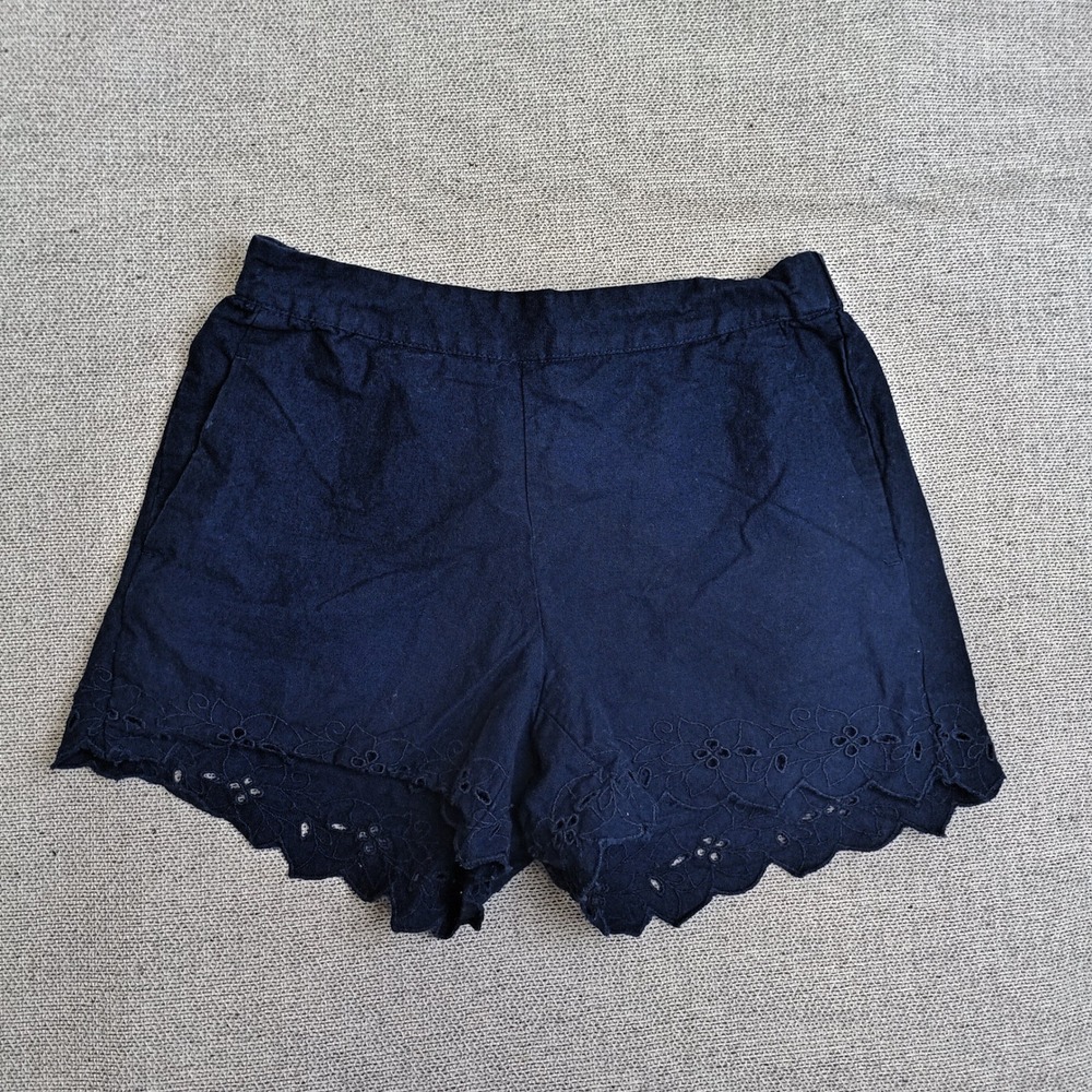 A New Day Eyelet Scallop Shorts Womens XS Navy Blue Excellent Cotton Linen